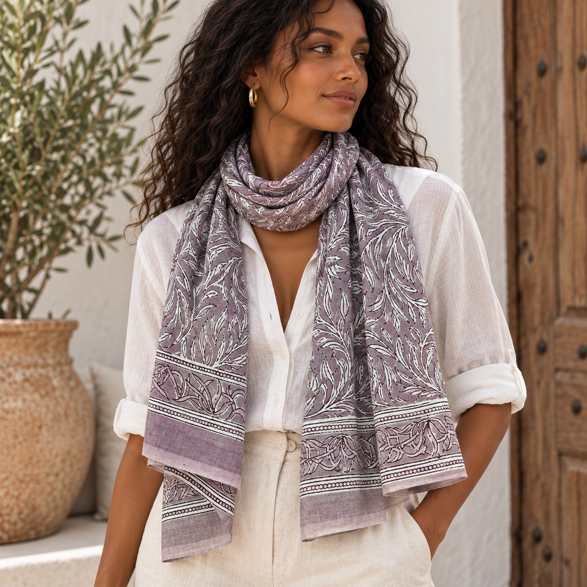 Block Print Cotton Sarong - Mauve Swirl