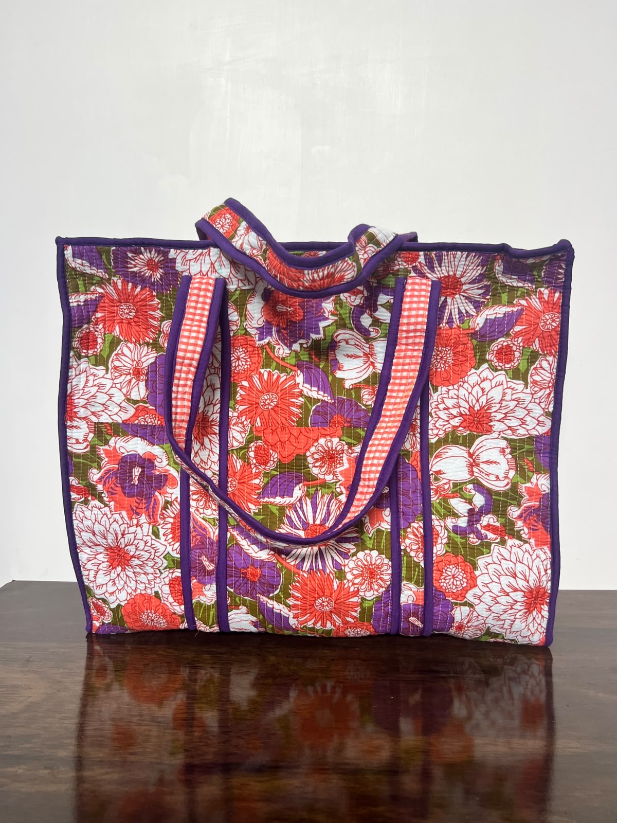 Small Quilted Tote Bag With Zip - Purple & Orange Floral