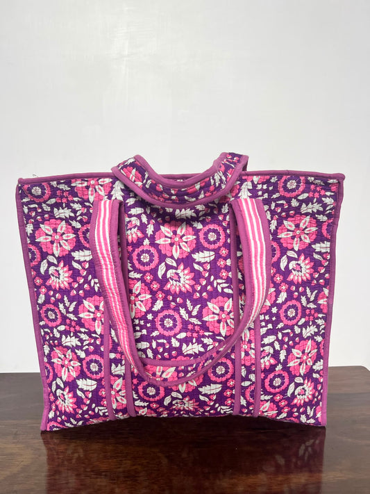 Small Quilted Tote Bag With Zip - Pink & Purple Floral
