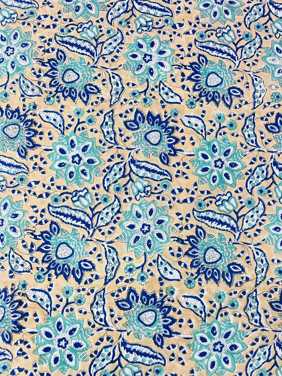 Indian Block Print Cotton Fabric - Blue & Beige