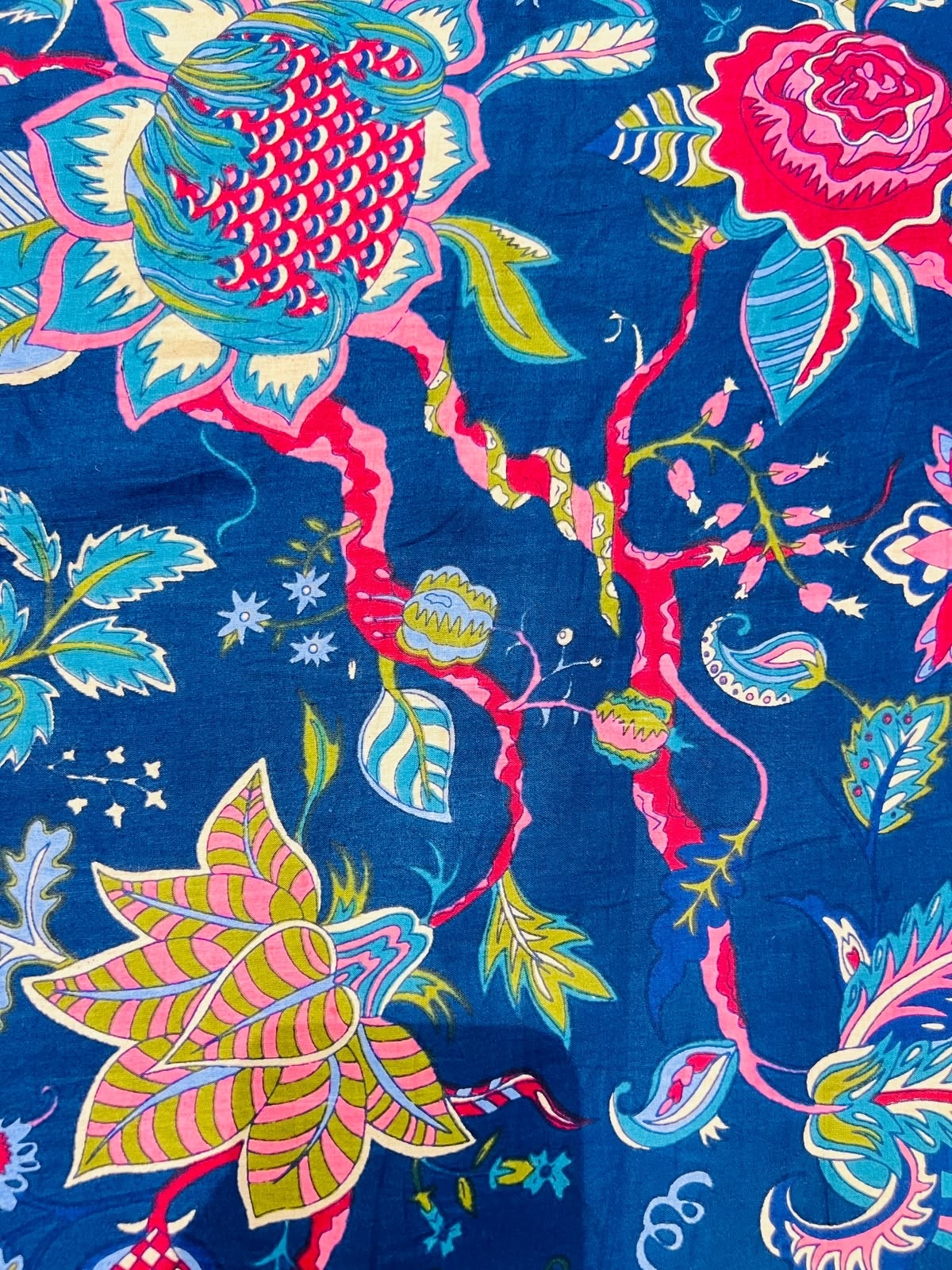 Cotton Screen Print Fabric - Navy With Bold Floral