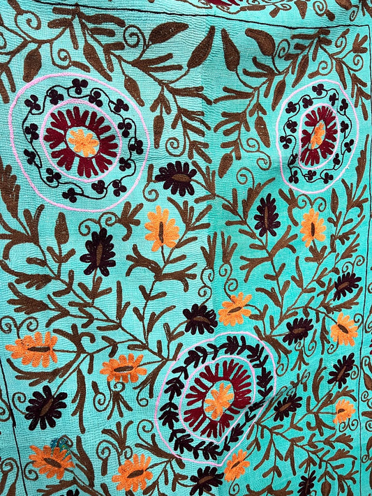 Suzani Embroidered Kantha Quilt - Turquoise