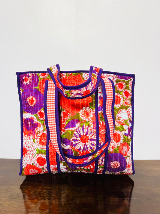 Small Quilted Tote Bag With Zip - Purple & Orange Floral