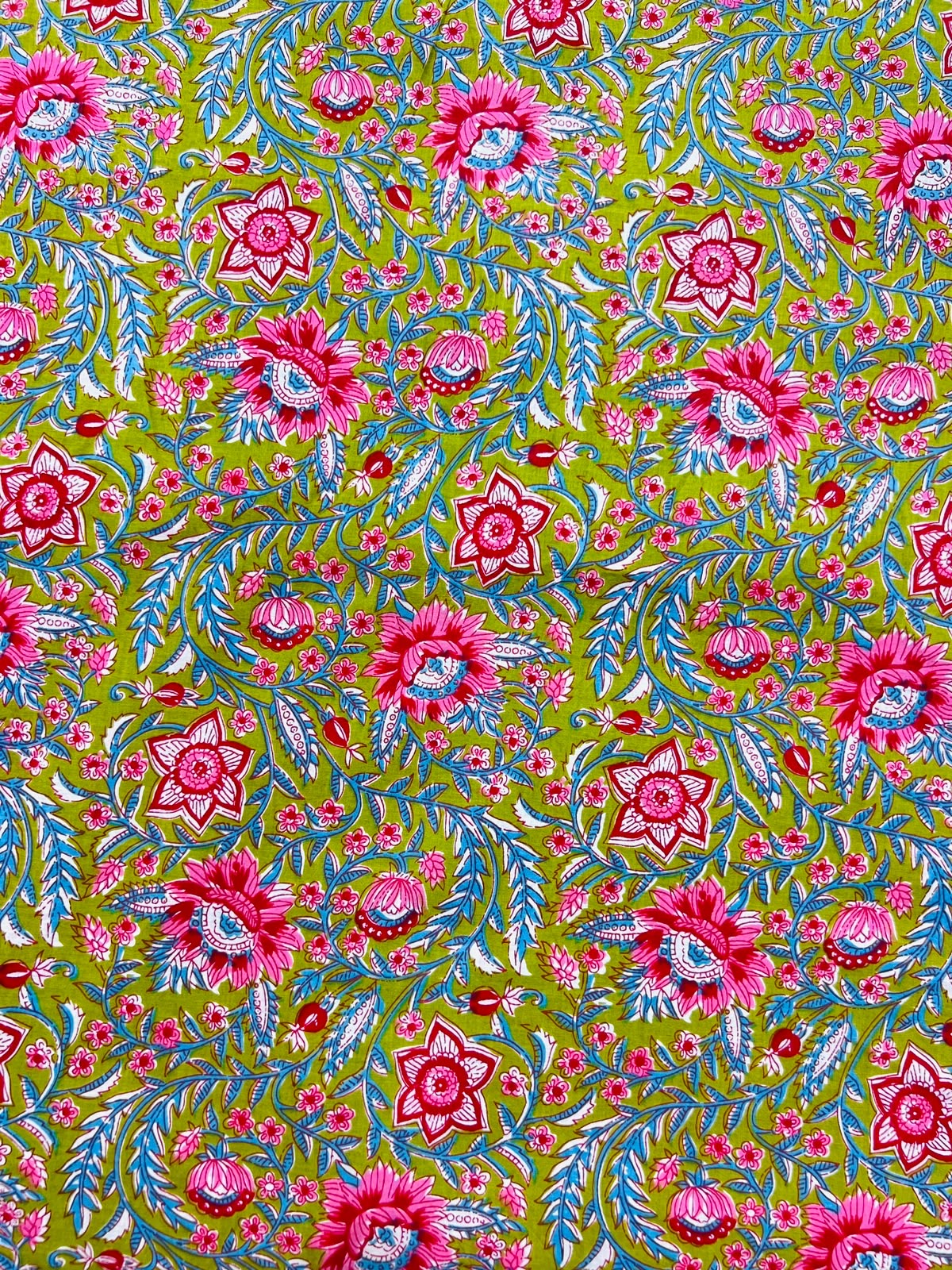 Cotton Screen Print Fabric - Green With Pink Floral