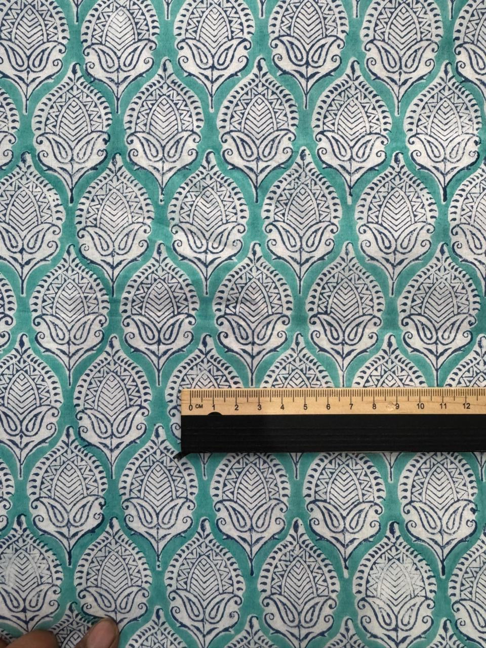 Indian Block Print Cotton Fabric - Turquoise With Paisley