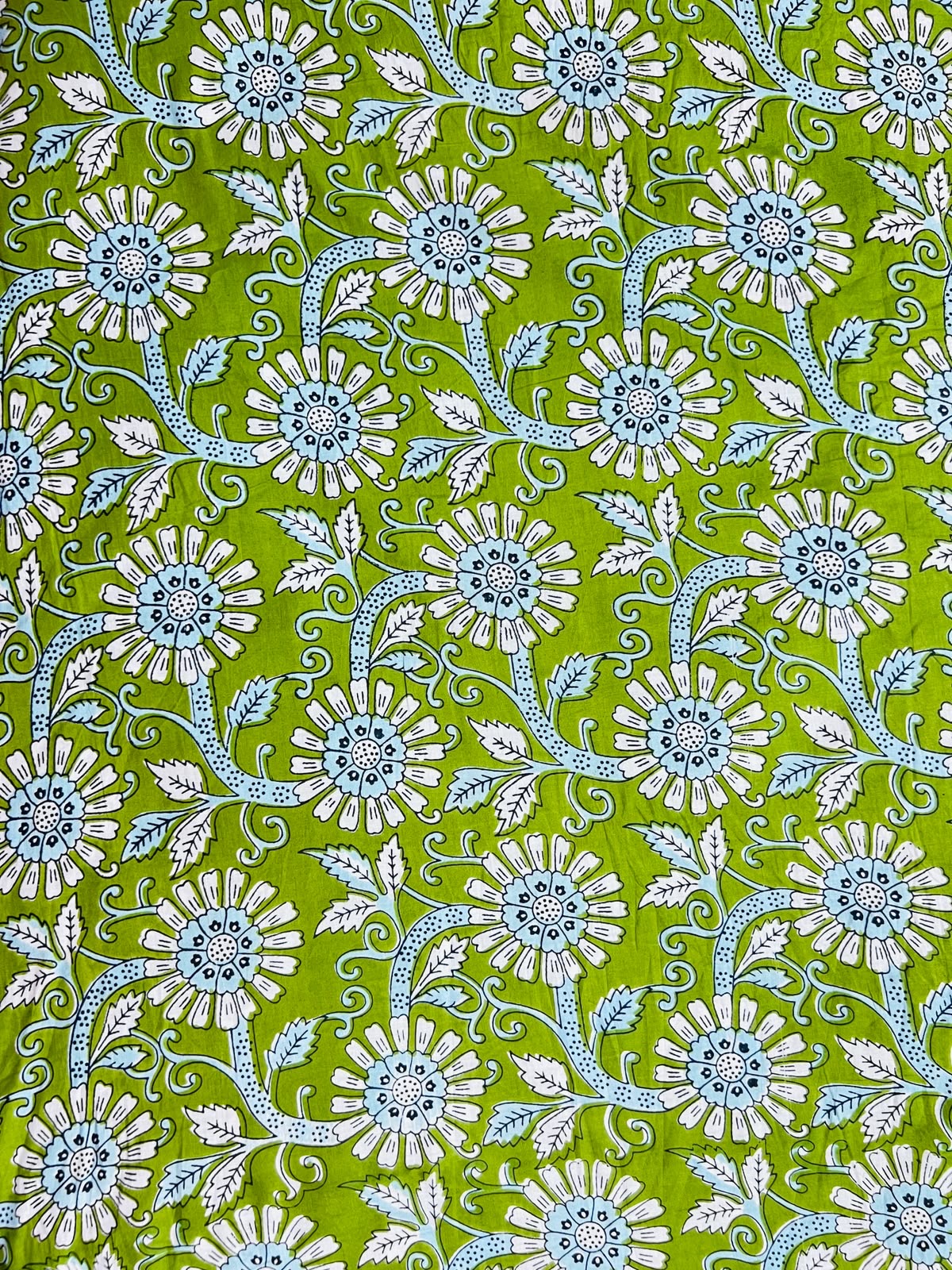 Cotton Screen Print Fabric - Green With Blue & White Daisy