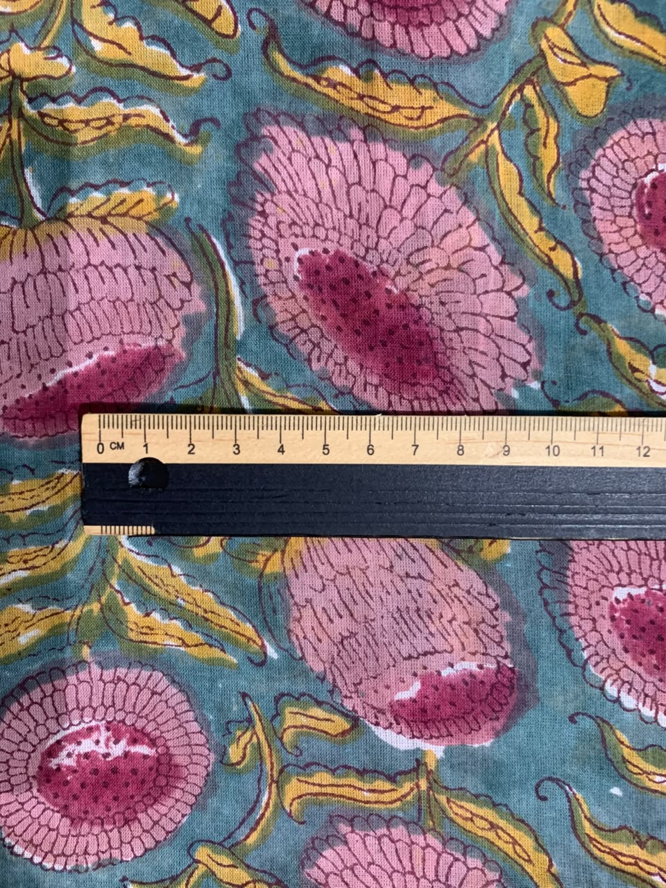 Indian Block Print Cotton Fabric - Turquoise with Pink Floral