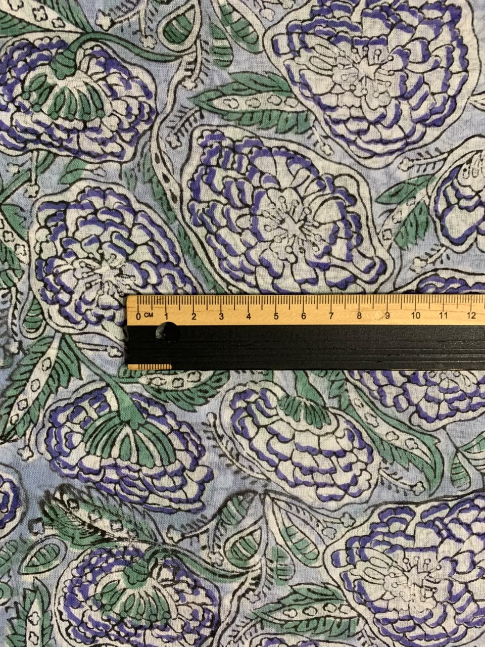 Indian Block Print Cotton Fabric - Mauve & Green Floral on Blue Background