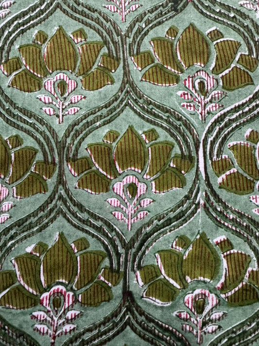 Indian Block Print Cotton Fabric - Green Lotus
