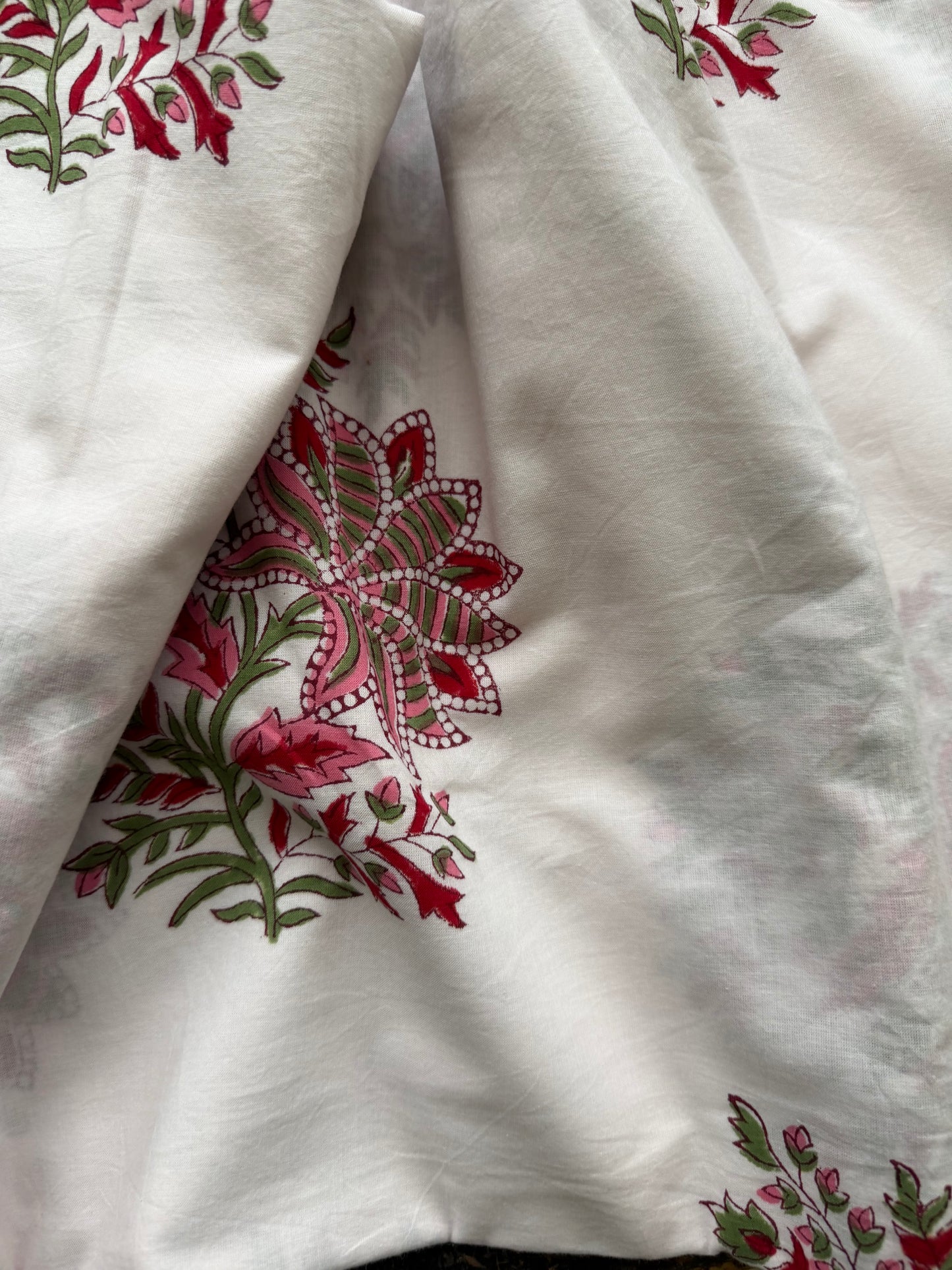 Indian Block Print Cotton Fabric - White With Red Floral