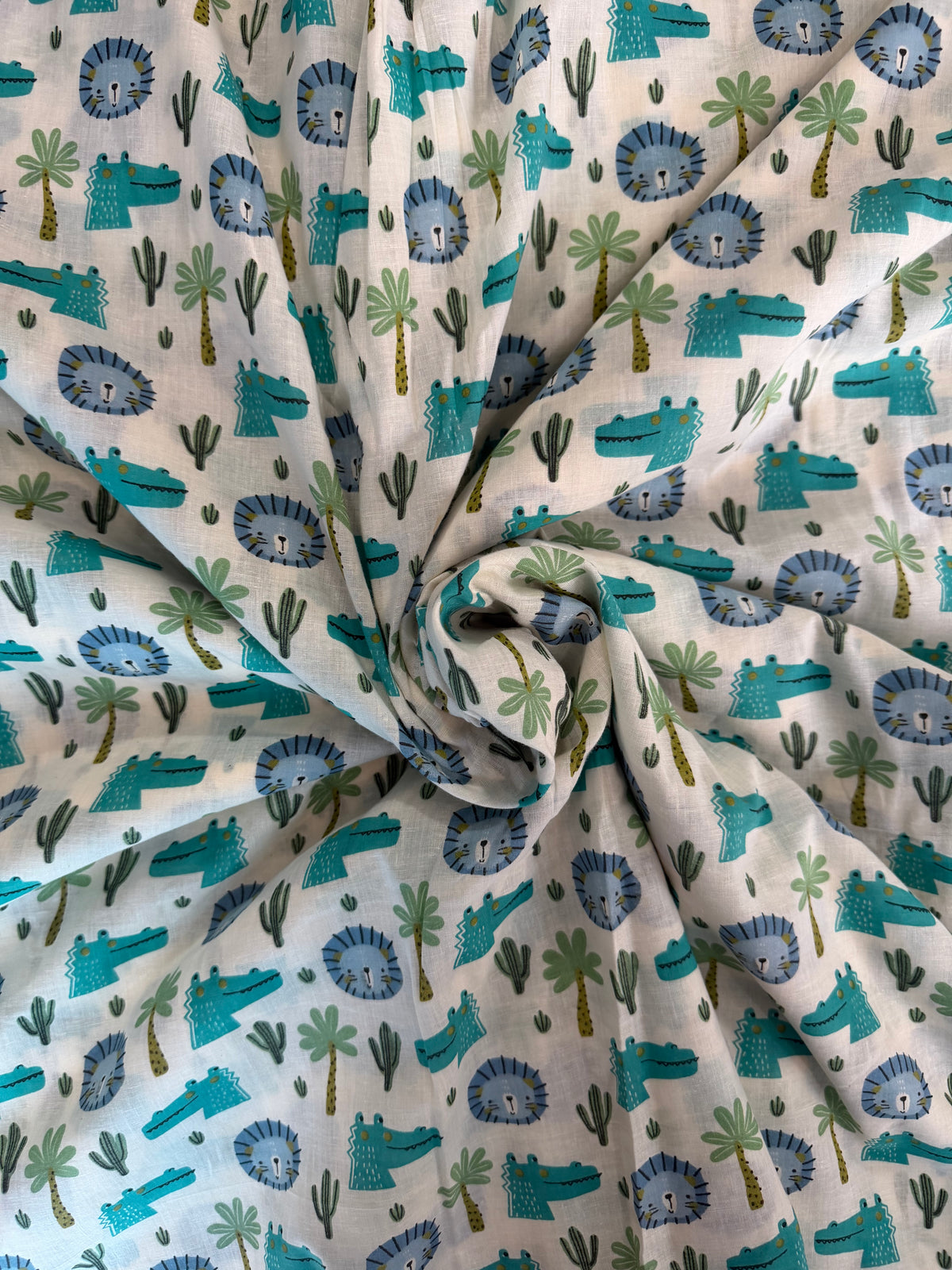100% Indian Cotton Fabric - Lions & Crocodiles (Blue/Turquoise)