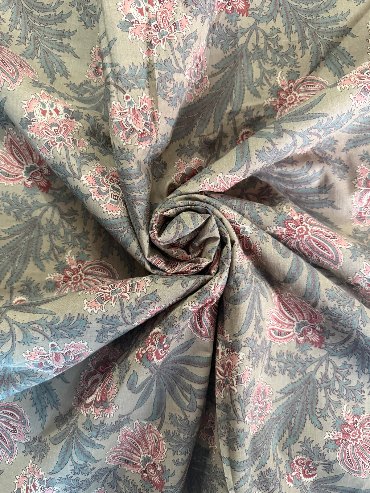 100% Indian Cotton Fabric - Sage With Pink Floral
