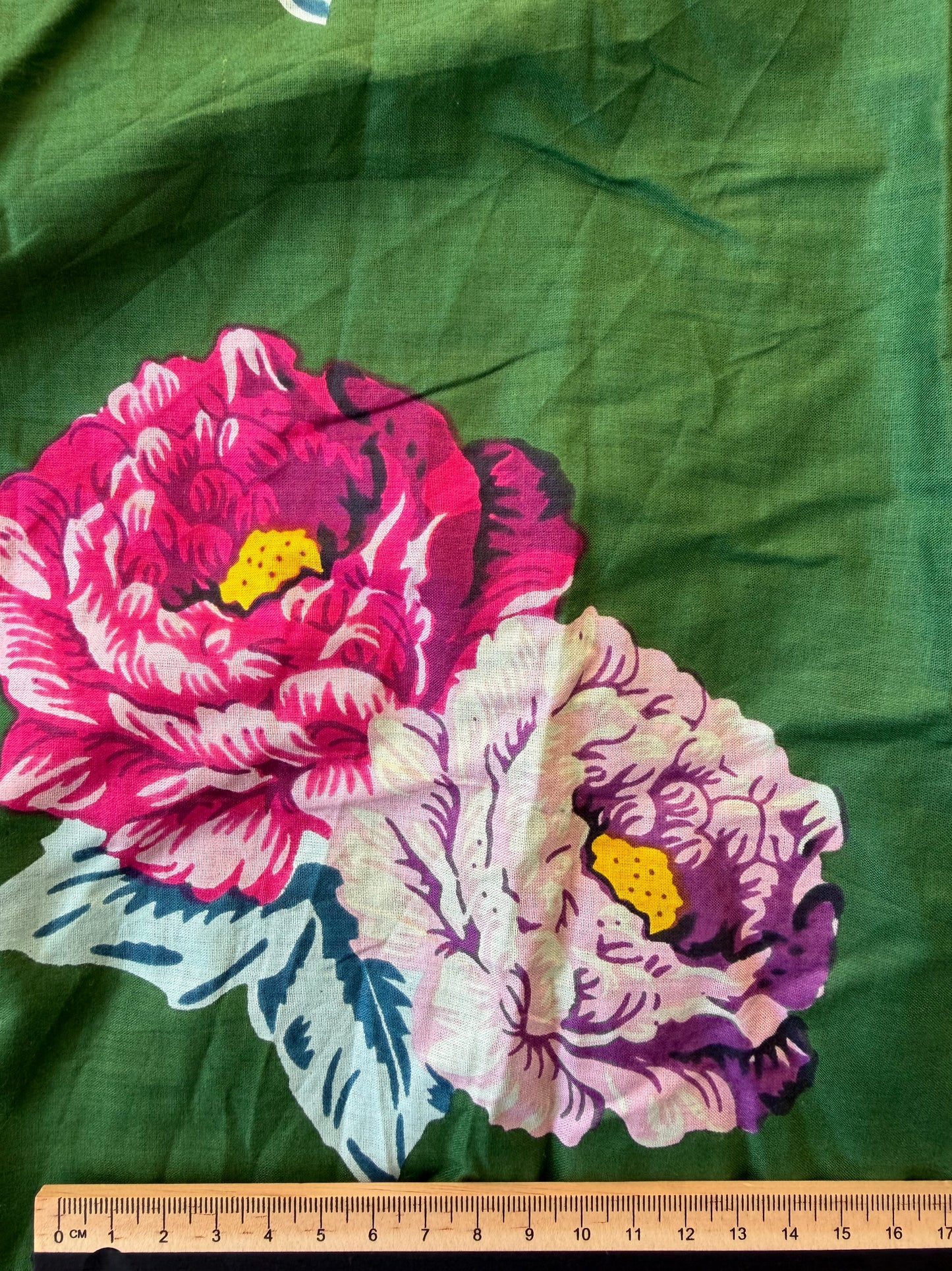 Cotton Screen Print Fabric - Green With Pink Peony