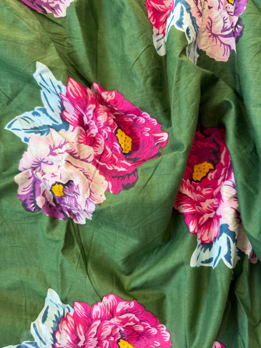 Cotton Screen Print Fabric - Green With Pink Peony