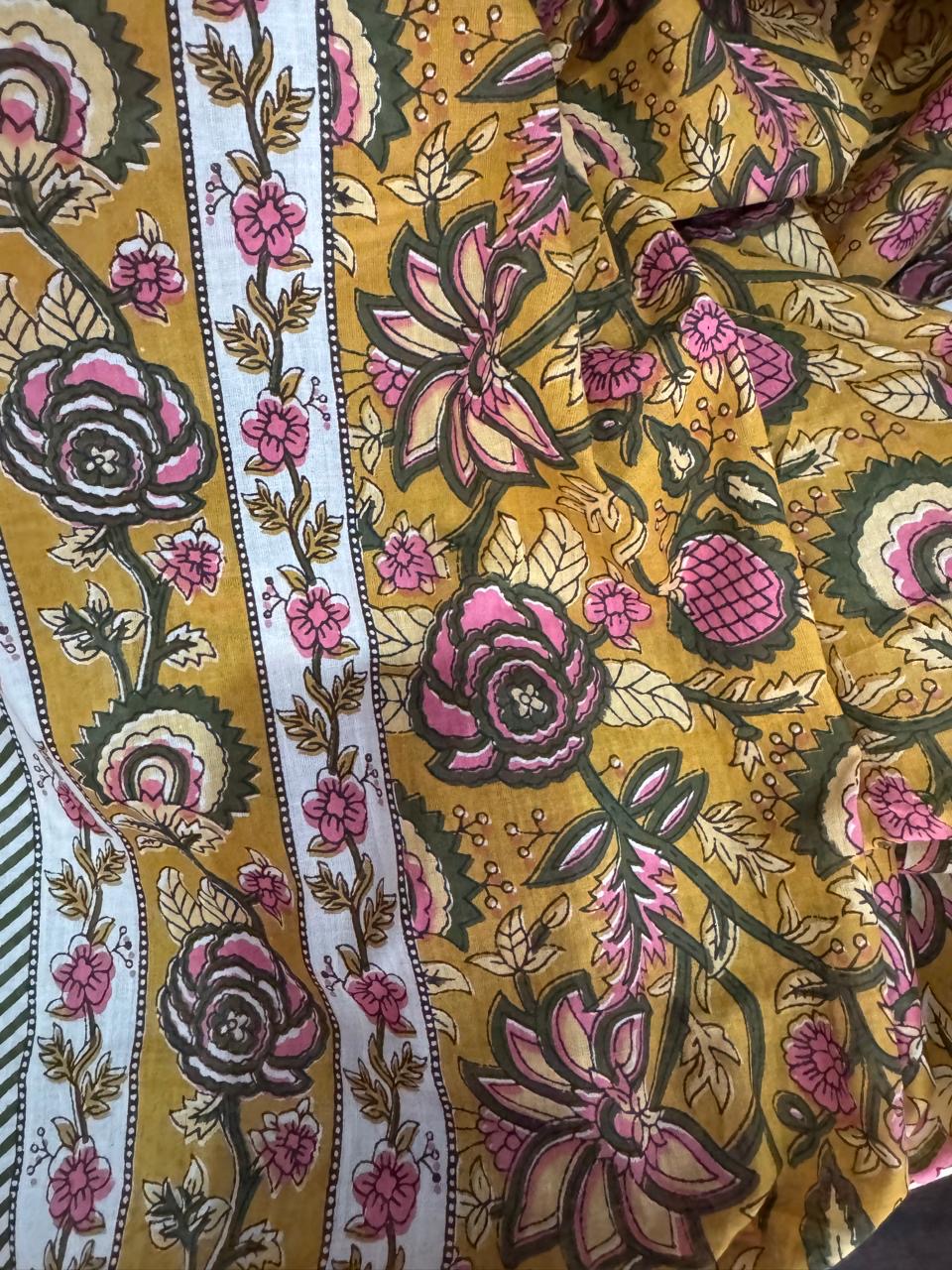 Block Print Cotton Sarong - Mustard With Green & Pink Floral