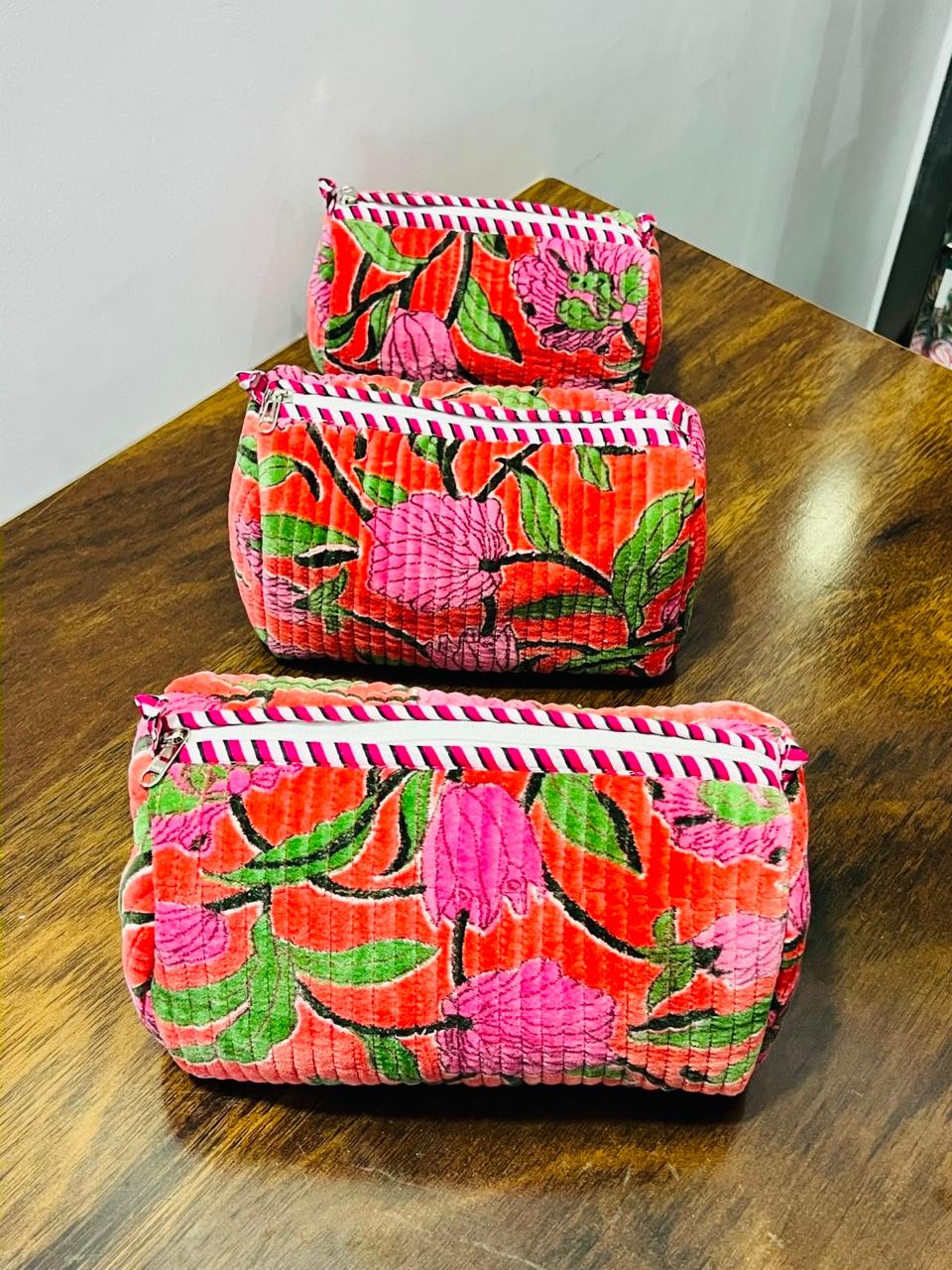 Velvet Makeup Bag - Orange & Pink