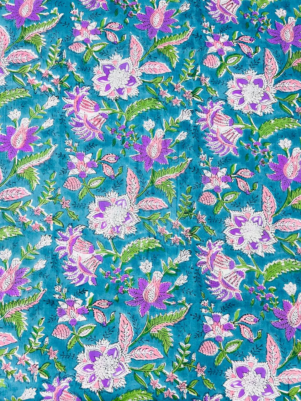 Indian Block Print Cotton Fabric - Purple & Blue