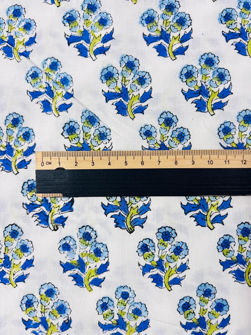 Indian Block Print Cotton Fabric - Blue & Yellow Flowers