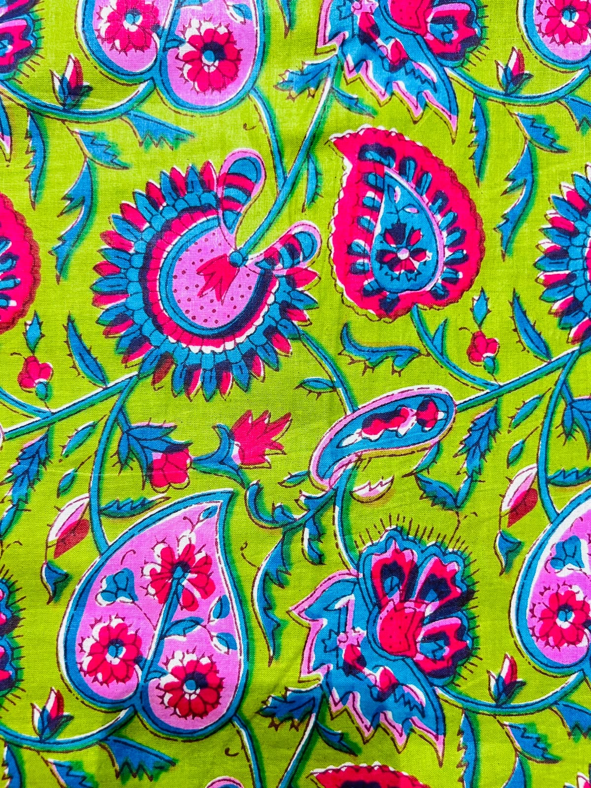 Cotton Screen Print Fabric - Bright Green Paisley