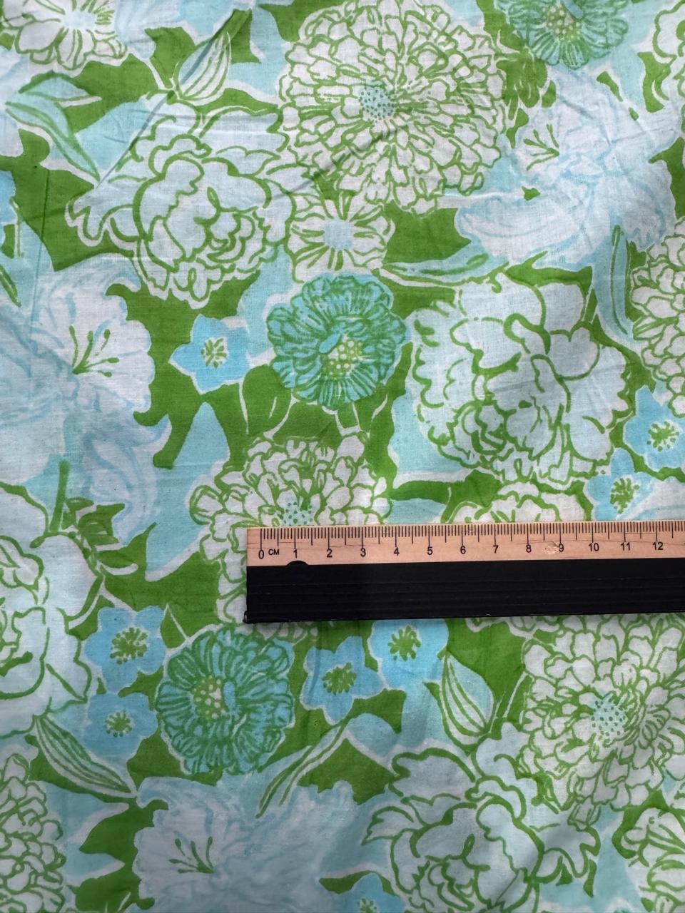 Cotton Screen Print Fabric - Green, White & Turquoise Floral