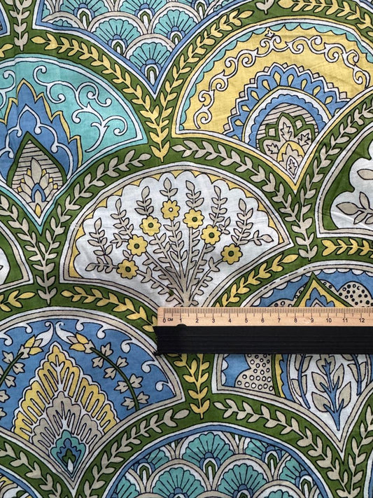 Cotton Screen Print Fabric - Turquoise, Yellow and Green Floral Scallop