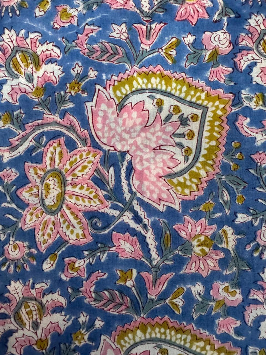 Indian Block Print Cotton Fabric - Blue floral with pink