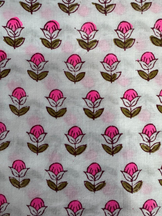 Indian Block Print Cotton Fabric - Vibrant Small Pink Floral On White Background