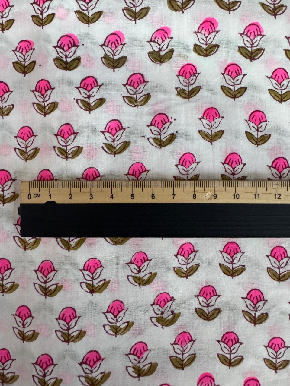 Indian Block Print Cotton Fabric - Vibrant Small Pink Floral On White Background