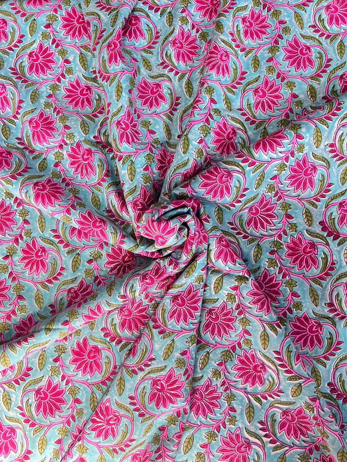 Indian Block Print Cotton Fabric - Blue with Vibrant Pink Floral