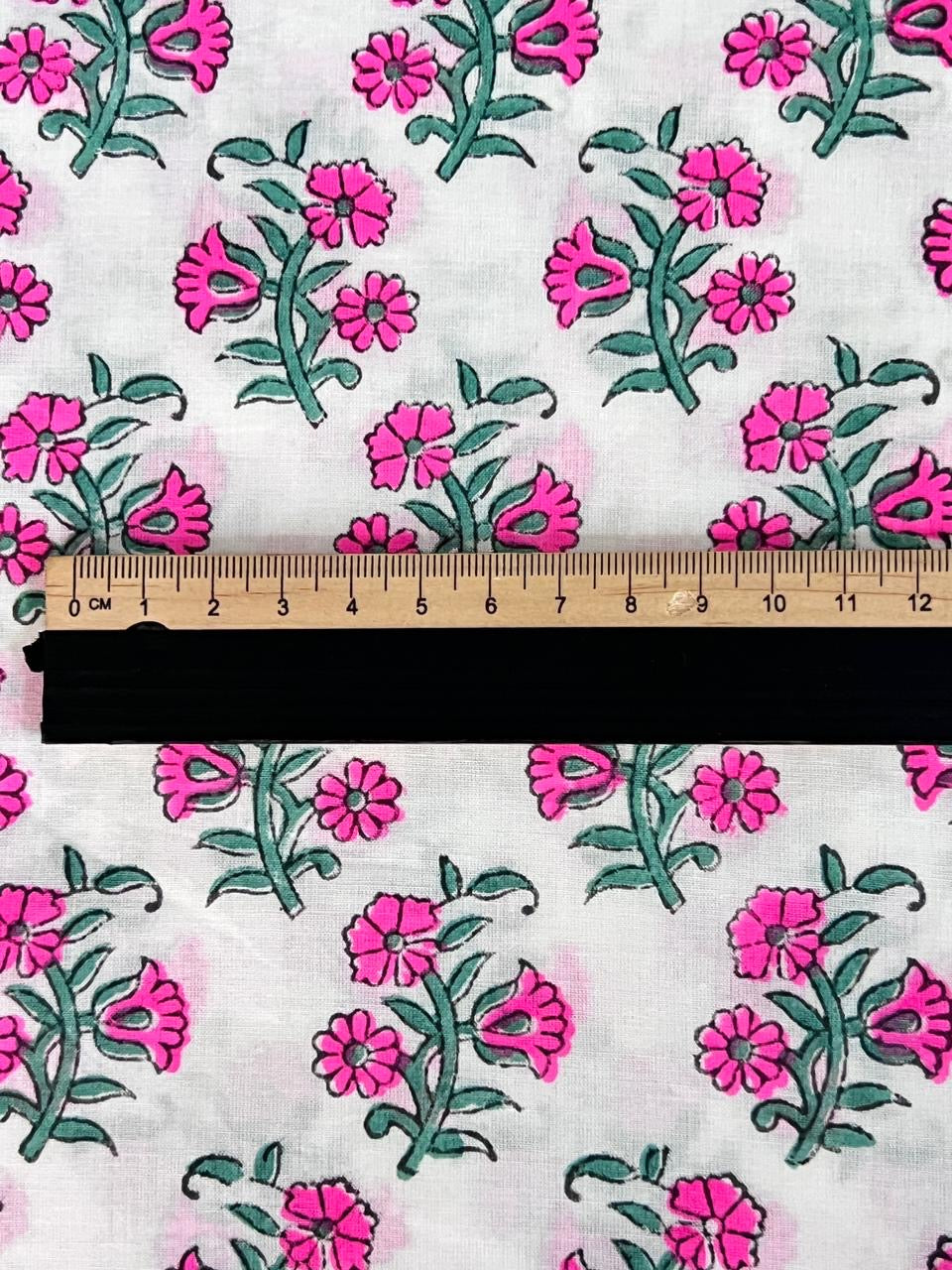 Indian Block Print Cotton Fabric - Vibrant Pink Floral On White Background