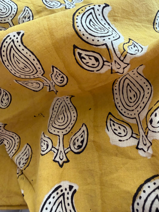 Indian Block Print Cotton Fabric - Yellow With Paisley