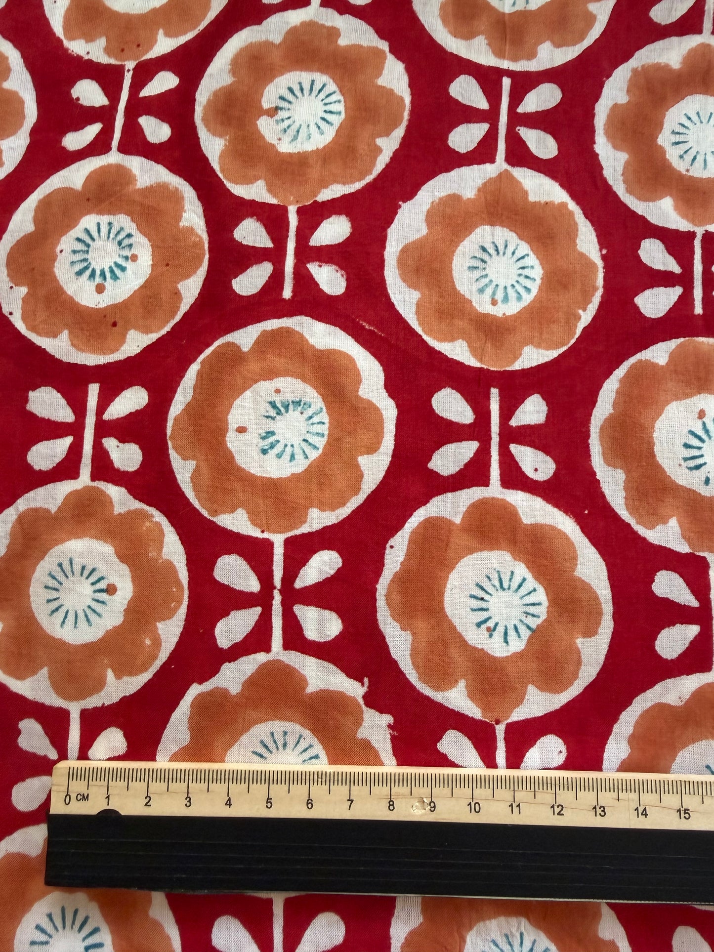 Indian Block Print Cotton Fabric - Red With Retro Orange Floral
