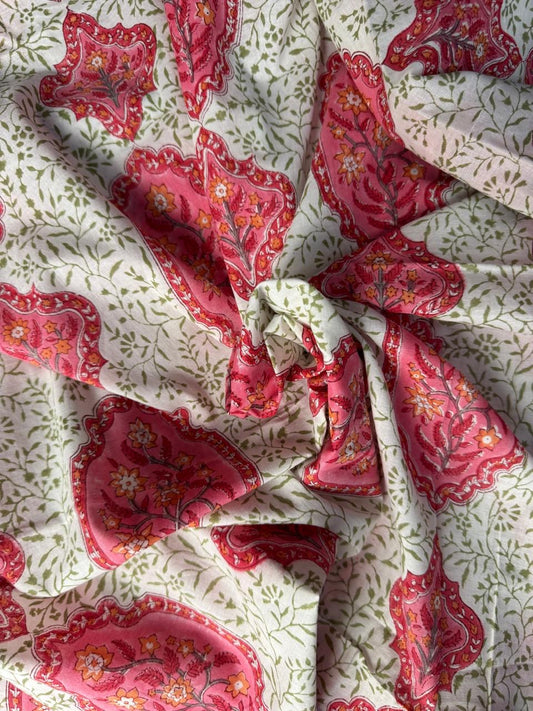 Indian Block Print Cotton Fabric - Jaipur Floral With Red & Pink Motif