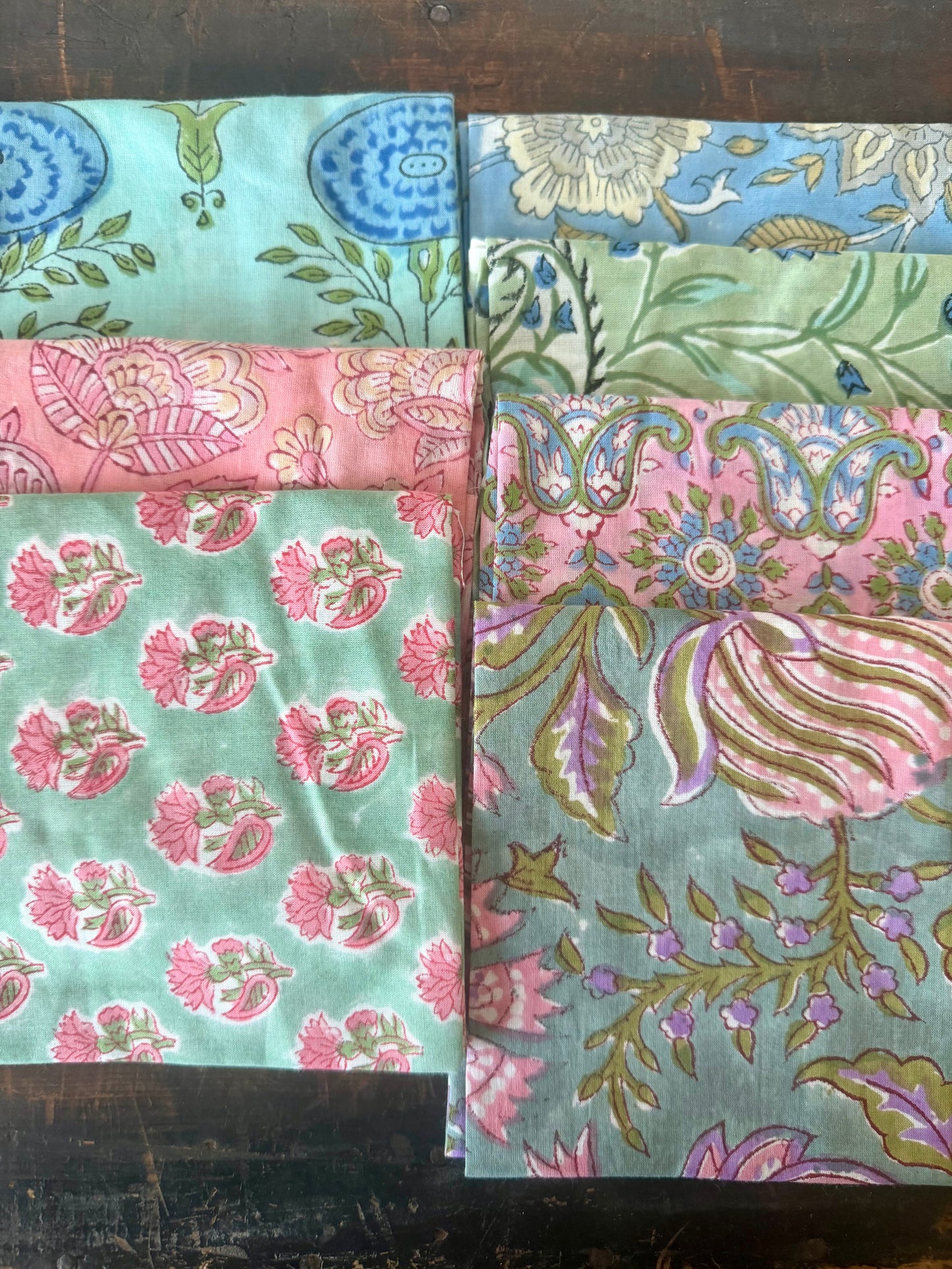 100% Cotton Block Print Fabric Bundle - Pink & Turquoise Floral