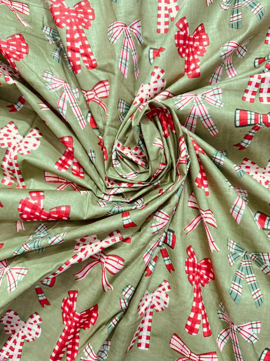 Cotton Screen Print Fabric - Green Bows