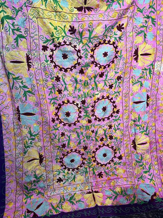 Suzani Embroidered Kantha Quilt - Pink