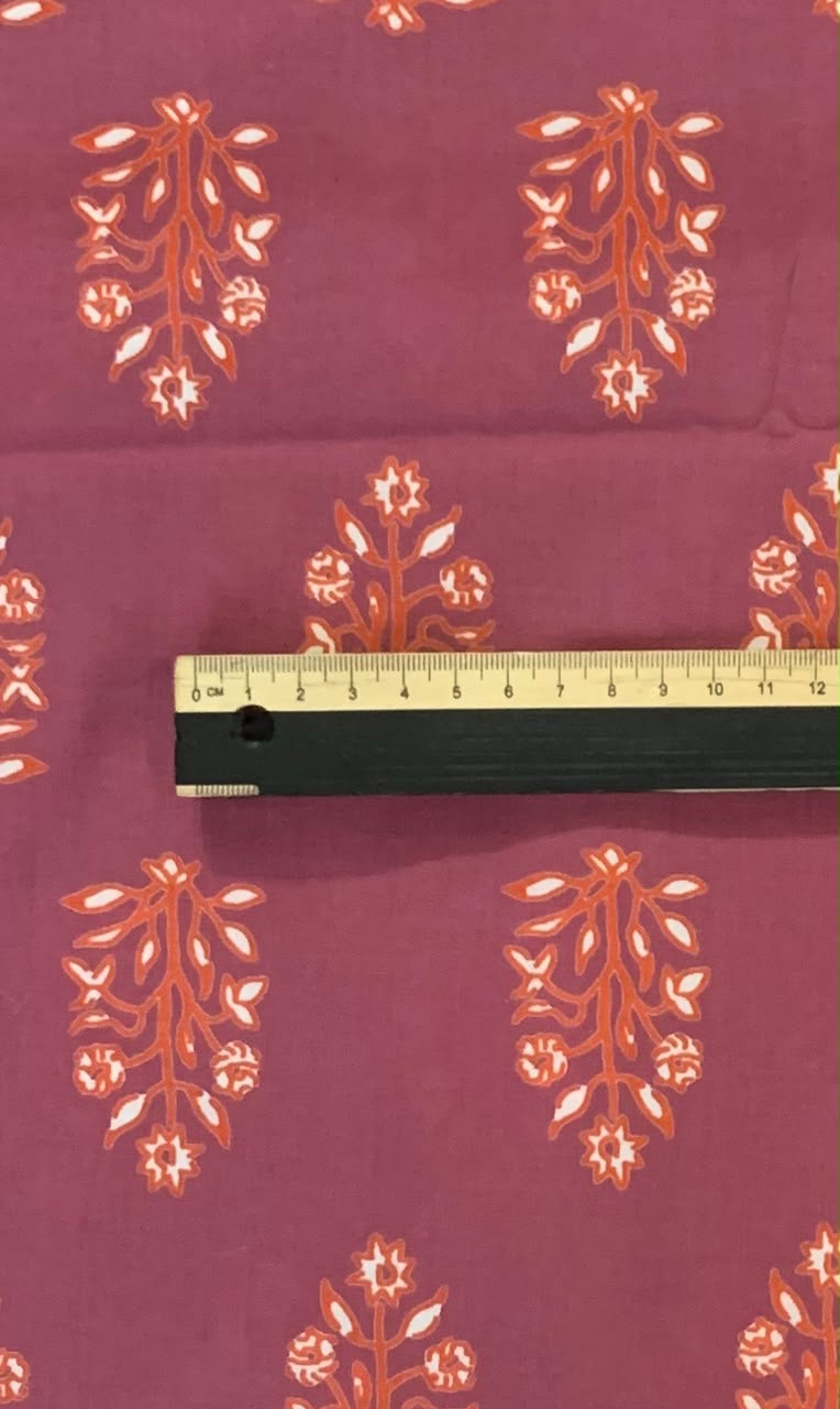 Indian Block Print Cotton Fabric - Deep Pink With Orange Floral Motif
