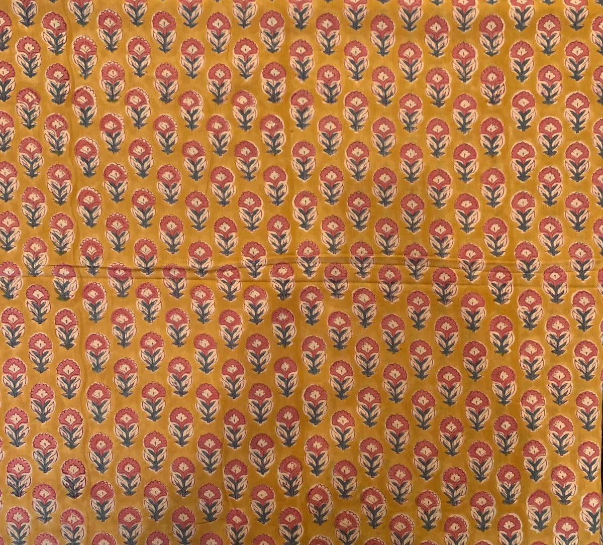 Indian Block Print Cotton Fabric - Mustard With Small Pink Floral