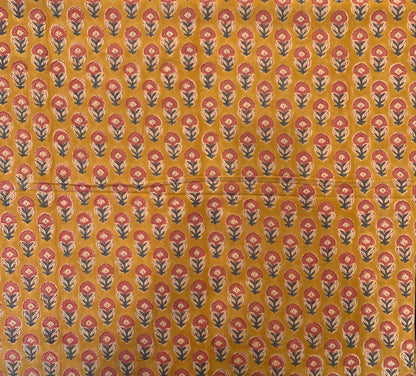 Indian Block Print Cotton Fabric - Mustard With Small Pink Floral