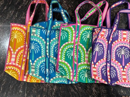 Large Quilted Tote Bag With Zip - Yellow & Pink Beach Vibe