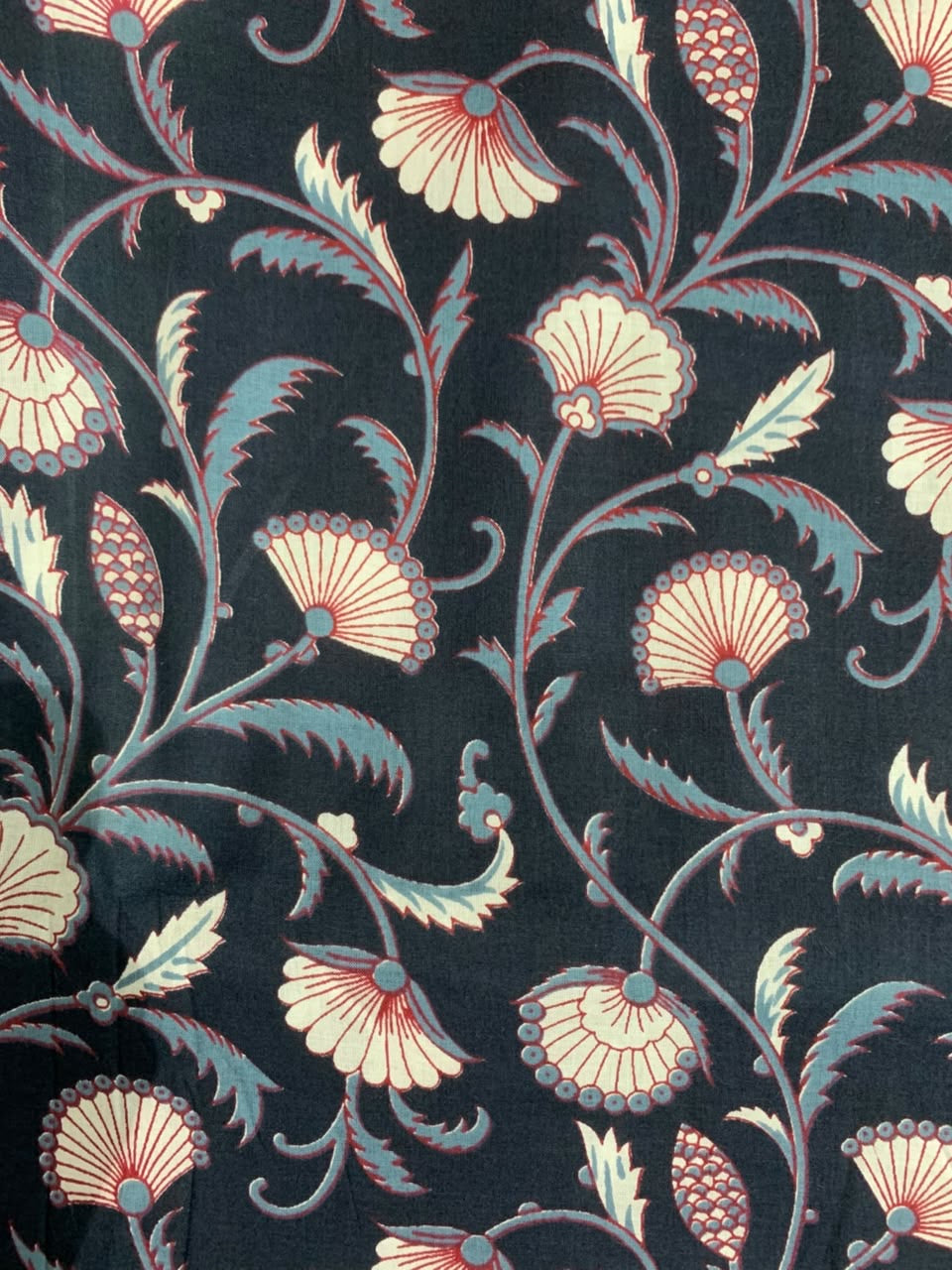 100% Indian Cotton Fabric - Navy With Sky Blue, White & Red Floral