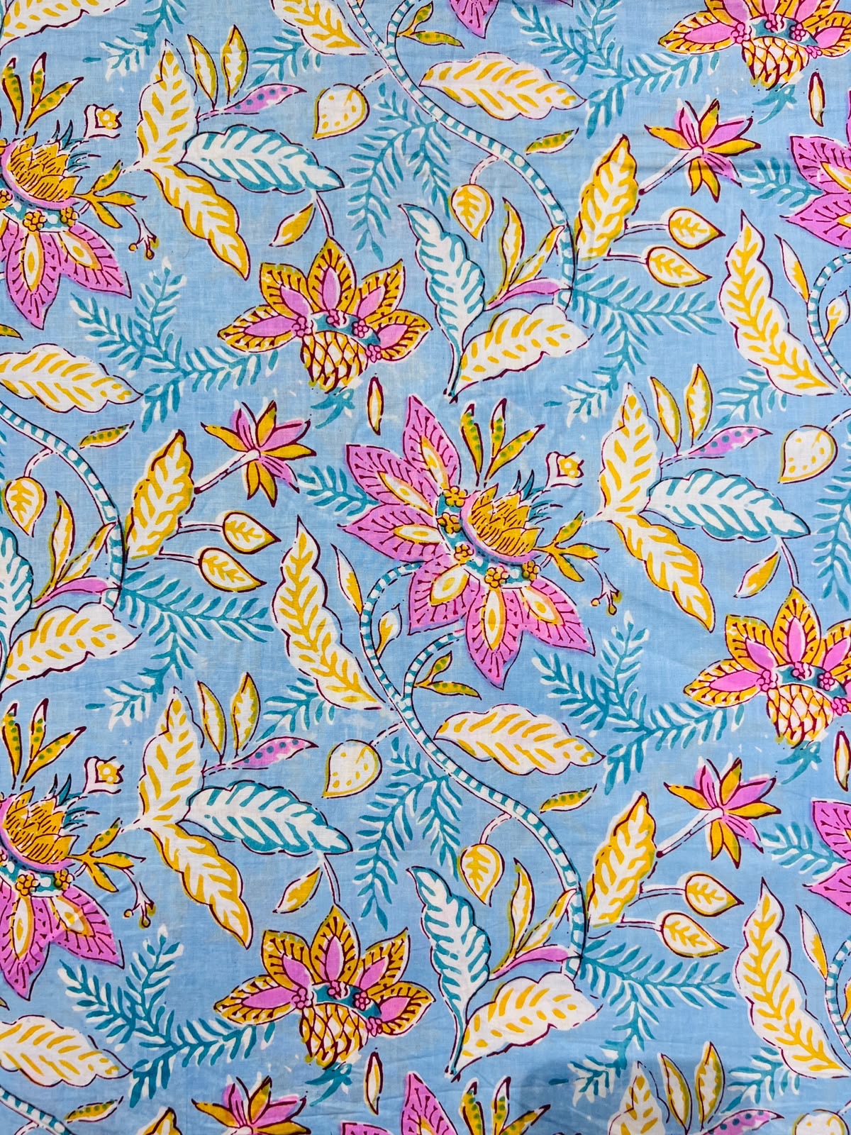 Cotton Screen Print Fabric - Blue Pastel Floral