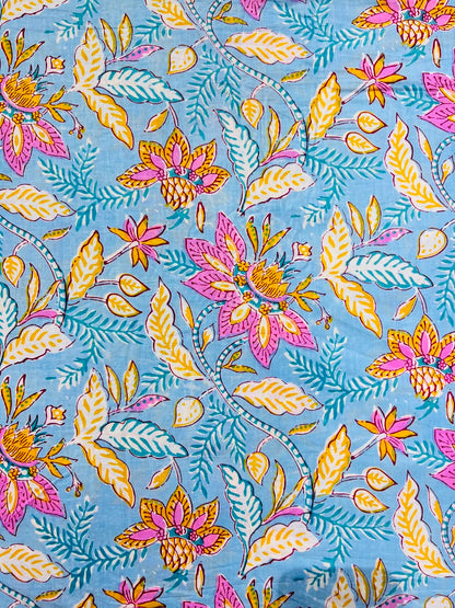 Cotton Screen Print Fabric - Blue Pastel Floral