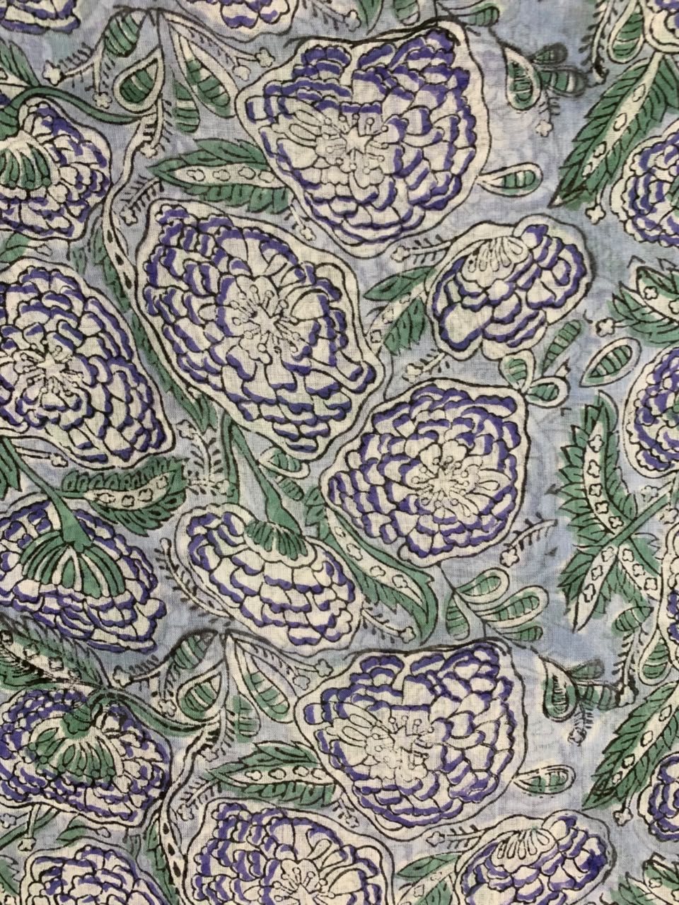 Indian Block Print Cotton Fabric - Mauve & Green Floral on Blue Background