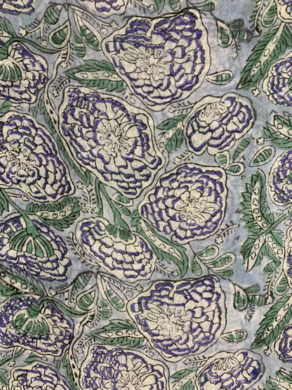 Indian Block Print Cotton Fabric - Mauve & Green Floral on Blue Background