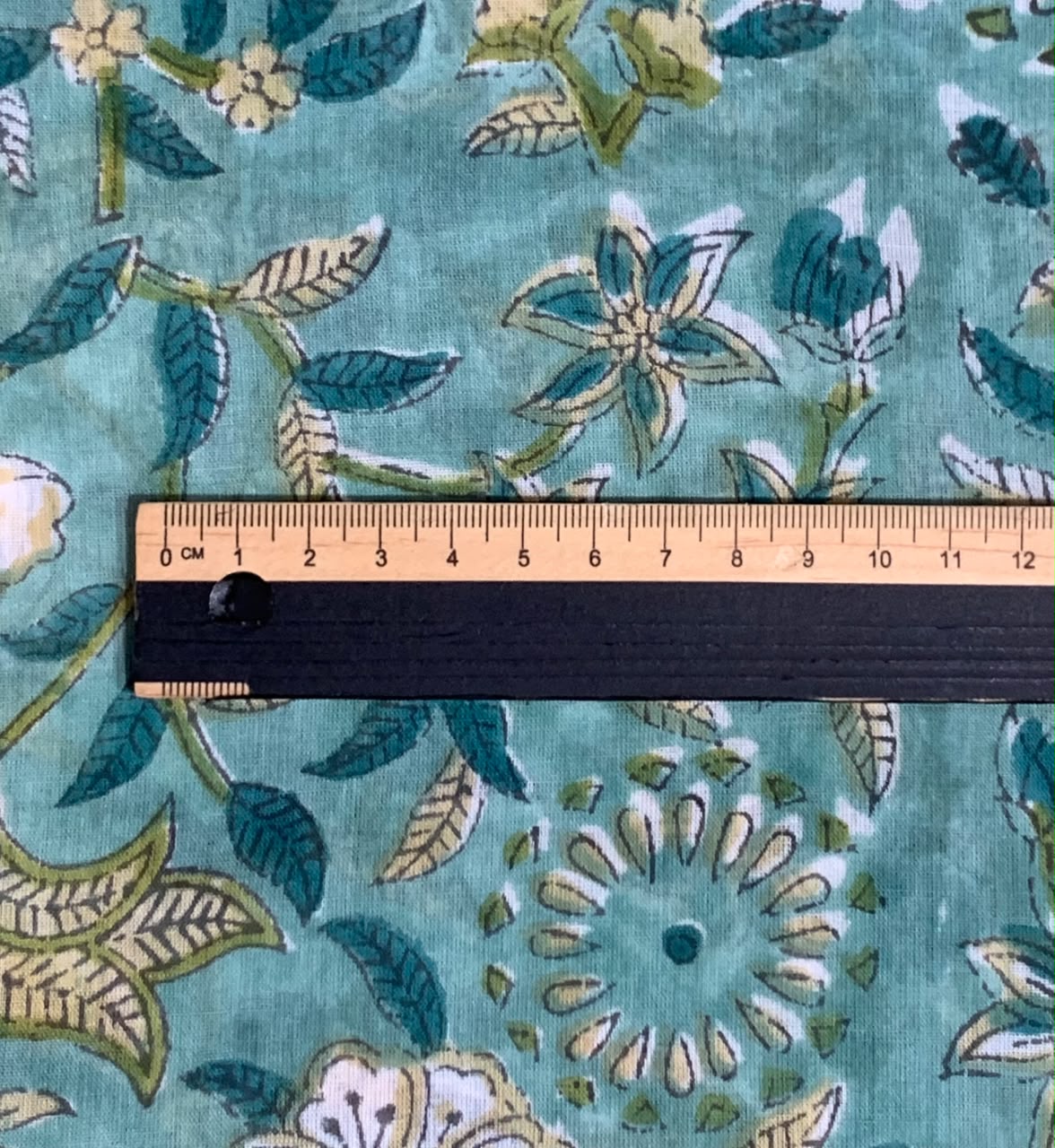 Indian Block Print Cotton Fabric - Turquoise With White & Yellow Floral