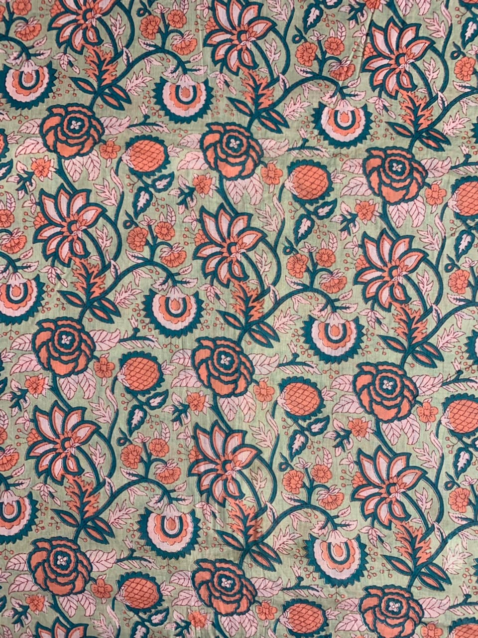 Indian Block Print Cotton Fabric - Beige With Orange & Peach Floral