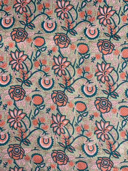 Indian Block Print Cotton Fabric - Beige With Orange & Peach Floral