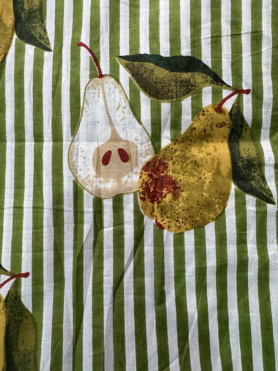 Cotton Screen Print Fabric - Green Stripe With Pears