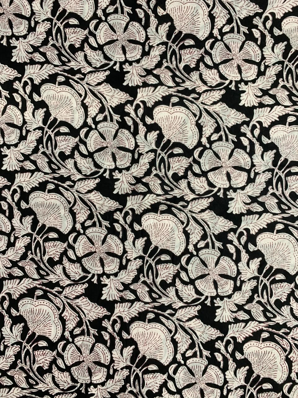 Indian Block Print Cotton Fabric - Black & White Floral With Red
